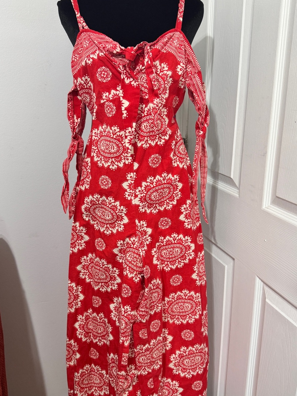 ASOS Red and White Floral Tie-Shoulder Jumpsuit with Side Ties